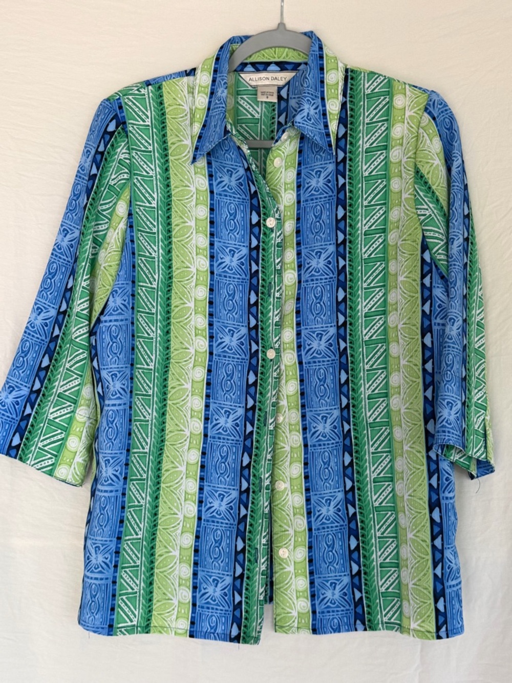 Allison Daley Vintage Blue & Green Geometric Print Button-Up